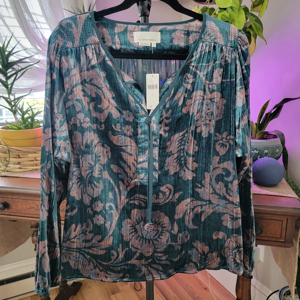 NWT Anthropologie Teal and Mauve Floral Blouse